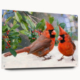 Vibrant wall art showcasing a cardinal bird design, framed in acrylic glass with decorative pins, displayed in a stylish side view setting for home decor.
