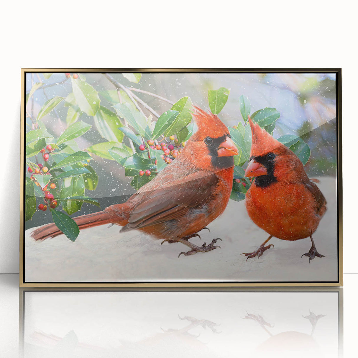 Framed wall art featuring a vibrant cardinal bird design against a gold background, ideal for adding elegance to home decor. Perfect for bird lovers and nature enthusiasts.