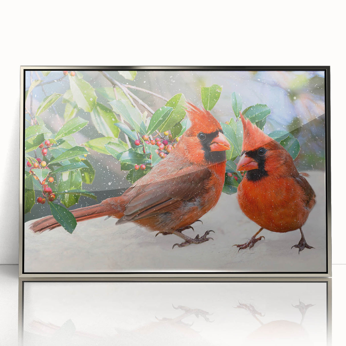 Framed wall art featuring a vibrant cardinal bird design, set in an elegant silver frame with a sleek acrylic front, ideal for nature enthusiasts' decor.
