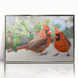 Framed wall art featuring a vibrant cardinal bird design, set in an elegant silver frame with a sleek acrylic front, ideal for nature enthusiasts' decor.