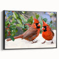 Framed wall art featuring a vibrant cardinal bird design on black canvas, showcasing intricate detail and texture, perfect for home decor enhancement.
