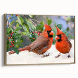 Framed wall art featuring a vibrant cardinal bird design on canvas, displayed in a stylish gold frame, showcasing intricate details and rich colors, perfect for home decor.