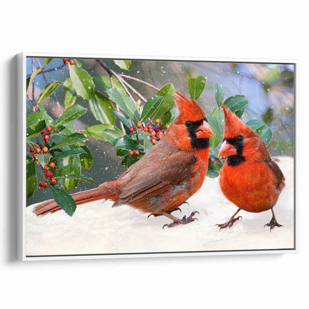 Framed wall art featuring a vibrant cardinal design on canvas, with a white frame showcasing the colorful bird perched among green foliage, ideal for nature lovers.