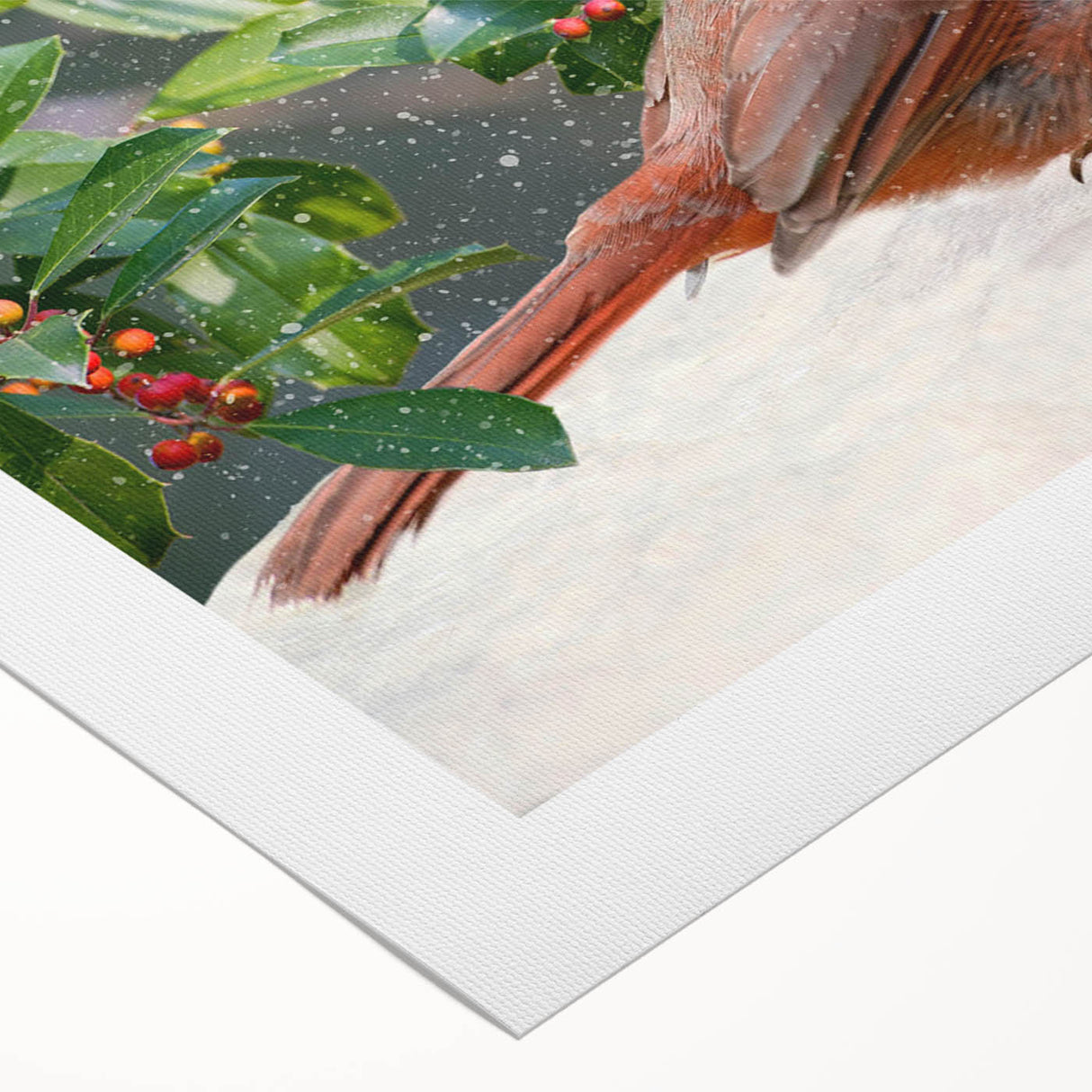 Vibrant rolled canvas artwork depicting a cardinal bird perched on a branch, showcasing rich red and green colors, ideal for nature lovers' home decor.