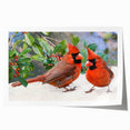 Vibrant wall art print featuring a detailed design of cardinals perched among lush green foliage, perfect for adding a pop of color to home decor.
