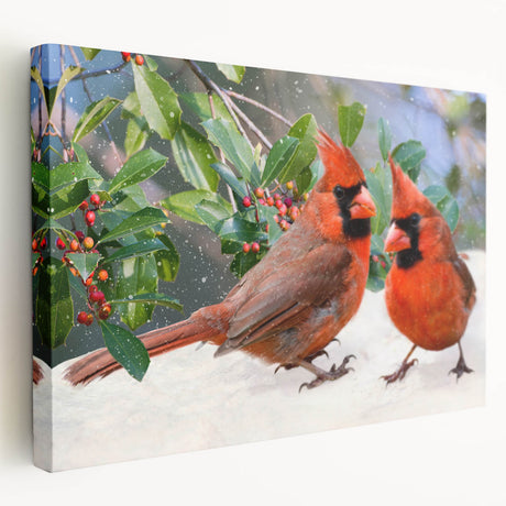 Stretched canvas wall art featuring vibrant red cardinals perched on branches, showcasing intricate details and natural colors, perfect for home decor.