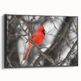 Framed wall art showcasing a vibrant cardinal bird design on a textured canvas, featuring a sleek black frame, ideal for home or office decor.