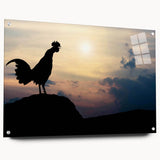 Acrylic wall art featuring a vibrant chicken design, displayed in a sleek side view with push pins, perfect for adding a lively touch to home decor.