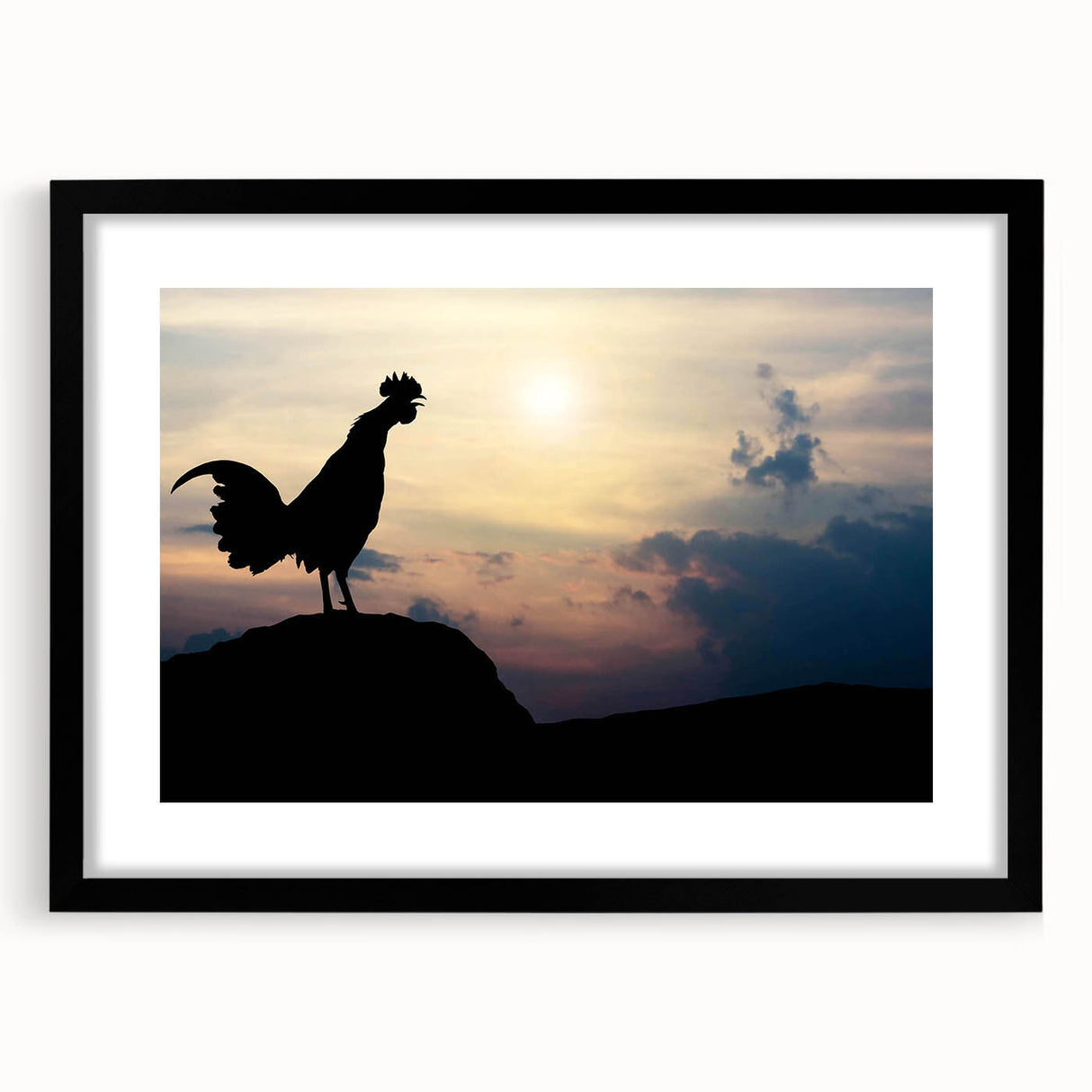 Framed wall art featuring a whimsical chicken design with vibrant colors, displayed in a sleek black frame with a white mat, perfect for home decor.