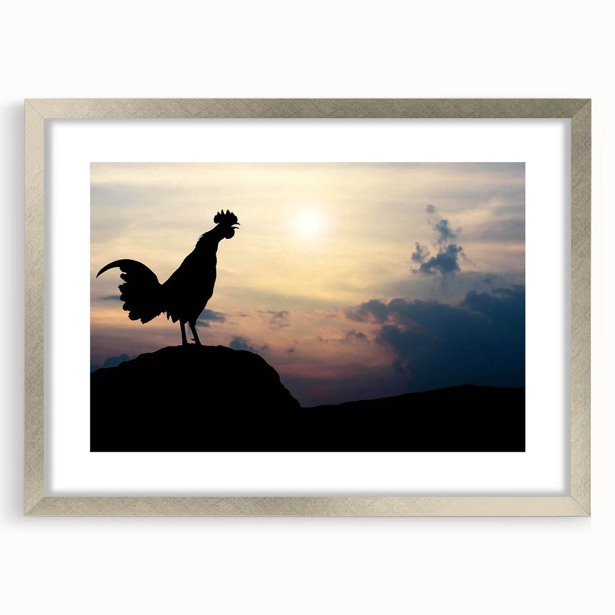 Framed wall art featuring a whimsical chicken design in vibrant colors, set in a sleek silver frame with a mat, perfect for adding a playful touch to home decor.