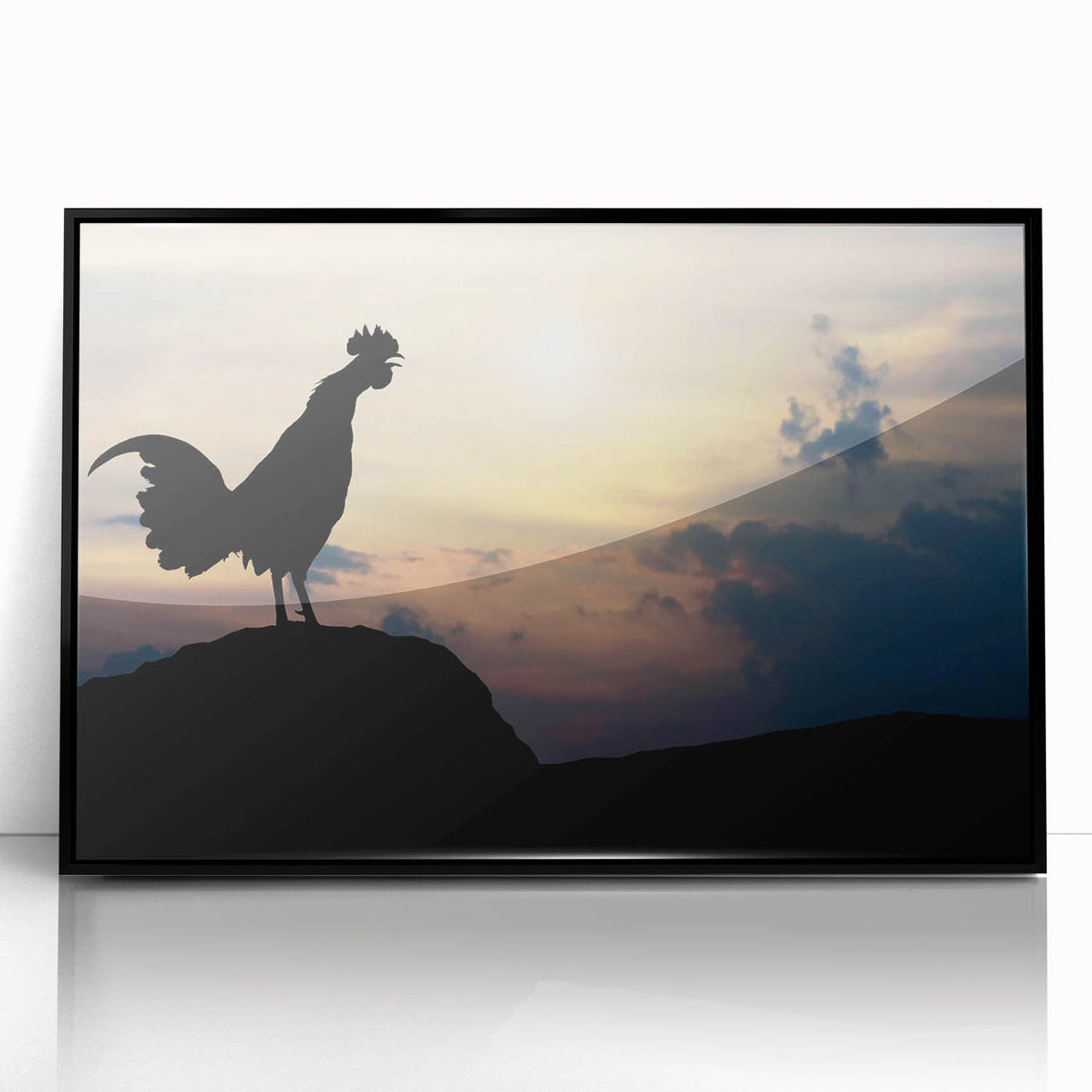 Framed wall art featuring a black acrylic design of chickens, showcasing vibrant colors and intricate details, perfect for adding a modern touch to home decor.