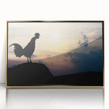 Framed wall art featuring a vibrant chicken design with gold accents, set against a white background, perfect for adding a whimsical touch to home decor.