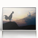 Framed wall art featuring a whimsical chicken design in vibrant colors, set against a white background, perfect for adding a playful touch to home decor.