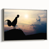 Framed wall art featuring a detailed chicken design on canvas, presented in a sleek silver frame, perfect for adding a touch of charm to any home decor.