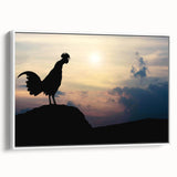 Framed wall art featuring a colorful chicken design on a white background, showcasing vibrant hues and intricate details, perfect for a farmhouse or kitchen decor.