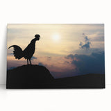 Colorful wall art featuring a whimsical chicken design on stretched canvas, leaning against a white wall. Perfect for farmhouse decor and animal art lovers.
