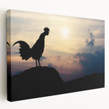 Stretched canvas wall art featuring a vibrant chicken design, showcasing colorful birds against a textured background, perfect for home decor and animal-themed spaces.