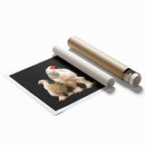 Vibrant wall art print featuring an artistic chicken design, rolled and ready for display, showcasing intricate details and bold colors in a protective tube. Perfect for adding a whimsical touch to home decor.