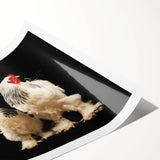 Colorful wall art print featuring a whimsical chicken design, showcasing vibrant hues and playful patterns, perfect for adding a cheerful touch to home decor. Ideal for kitchens or dining areas, this rolled print is both eye-catching and fun, appealing to animal lovers and art enthusiasts alike.