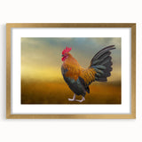 Framed wall art collection featuring a whimsical chicken design with vibrant colors, elegantly displayed with a gold frame and mat, perfect for kitchen decor.