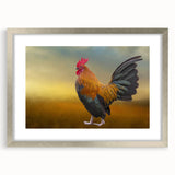 Framed wall art featuring a detailed chicken design, set in a silver frame with a white mat, showcasing playful farm imagery perfect for kitchen or dining room decor.