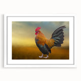 Framed wall art featuring a charming chicken design with vibrant colors and intricate details, set against a white mat, ideal for farmhouse decor.
