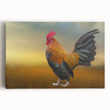 Colorful stretched canvas wall art featuring a whimsical chicken design, perfect for adding a playful touch to home decor in kitchens or dining areas.