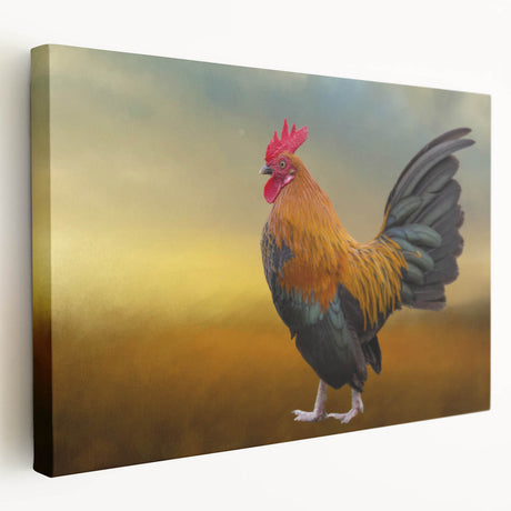Stretched canvas wall art showcasing a vibrant chicken design in a colorful, whimsical style. Perfect for adding a playful touch to home decor or a kitchen.