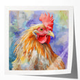 Colorful wall art print showcasing a whimsical chicken design on a glossy canvas, ideal for adding a playful touch to home decor. Perfect for animal lovers and modern interiors.