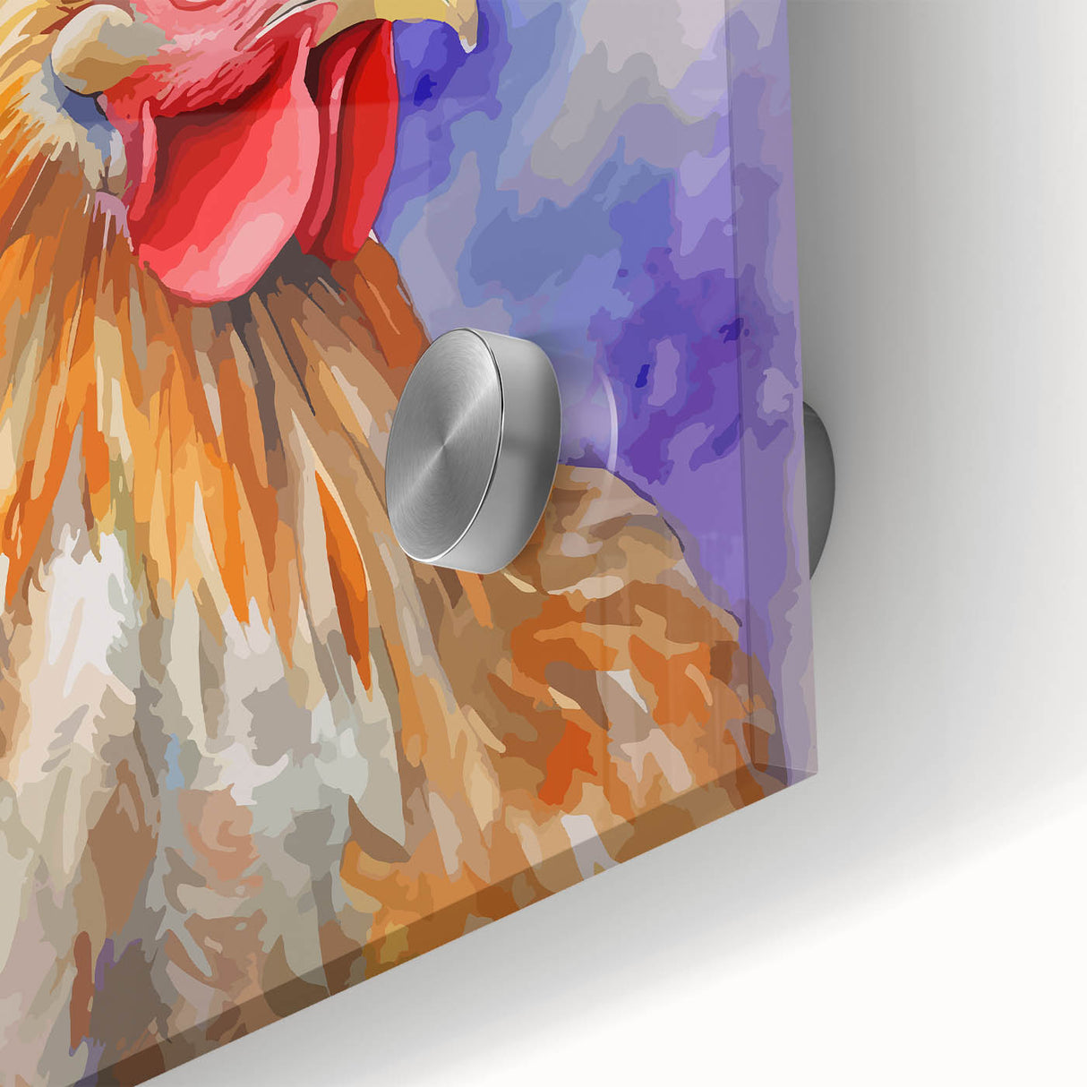 Close-up of a vibrant acrylic wall art piece featuring a colorful chicken design, perfect for adding a playful touch to home decor. The artwork showcases bold colors and intricate details, making it an eye-catching addition to any room.