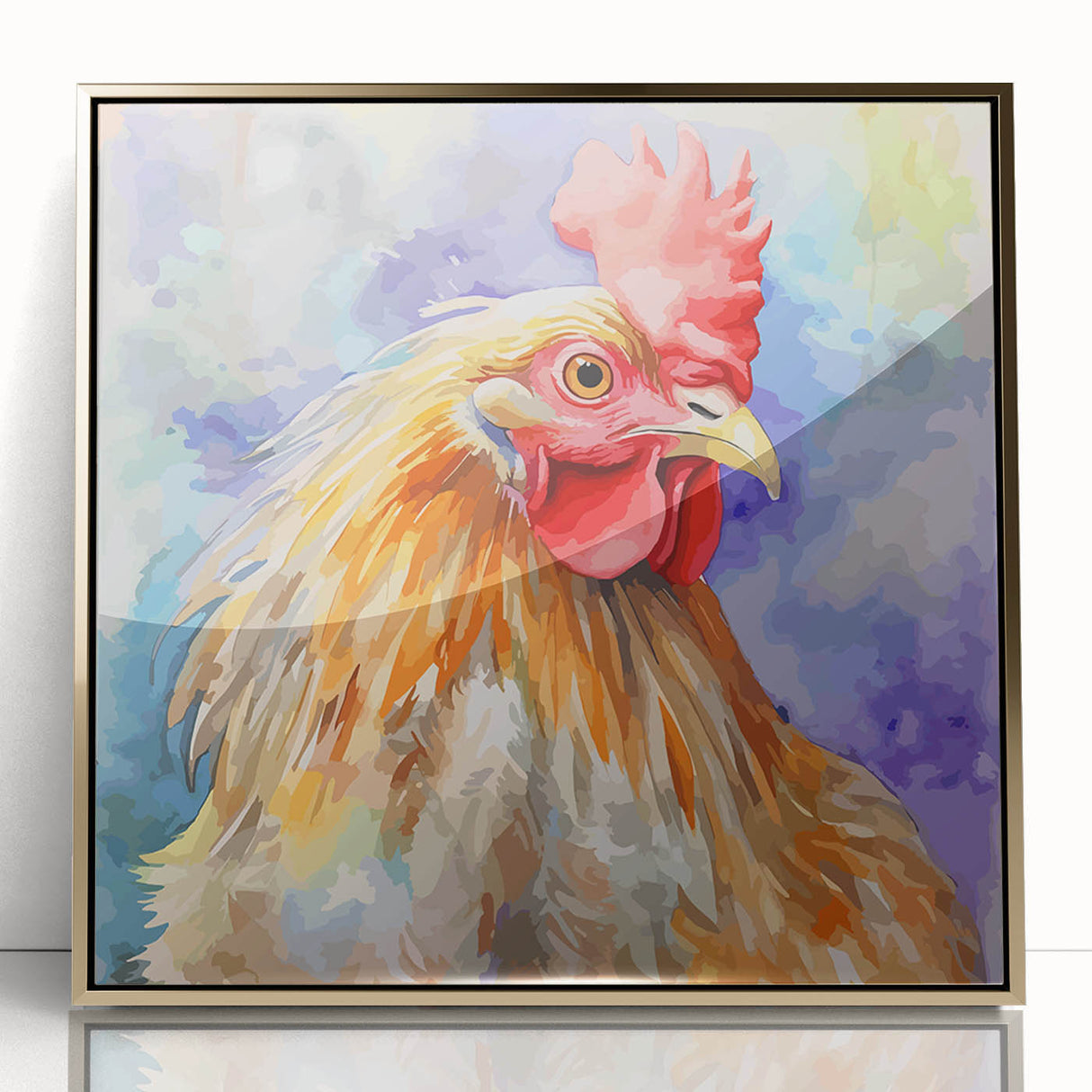 Framed wall art featuring a stylish chicken design with a gold-acrylic finish, showcasing vibrant colors and intricate details, perfect for modern home decor.