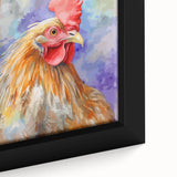 Close-up of a framed canvas wall art piece showcasing a vibrant, detailed design of various birds, including chickens, in a colorful arrangement, perfect for home decor.