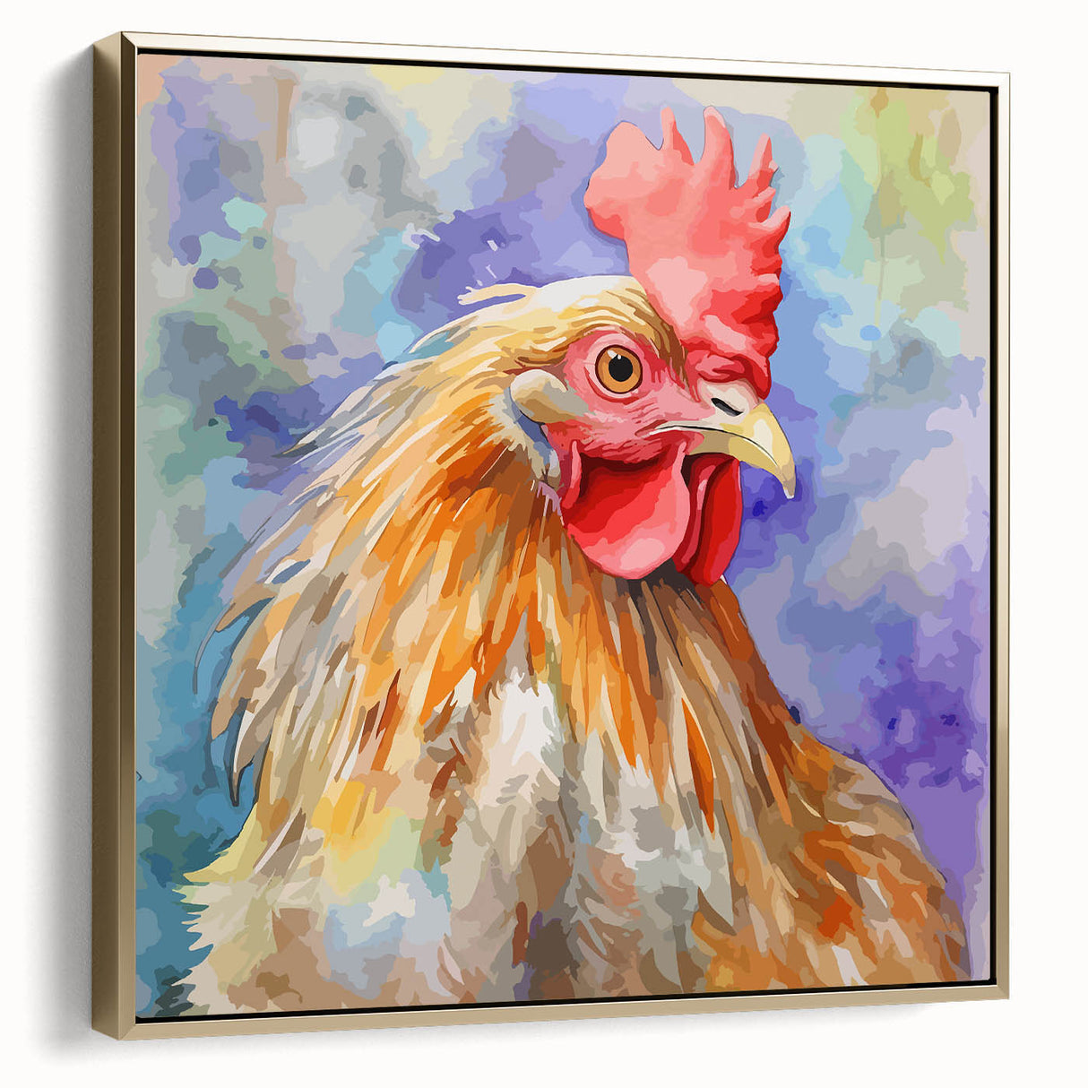 Framed wall art showcasing a vibrant chicken design with gold accents, set against a textured canvas, perfect for adding a touch of contemporary style to home decor.