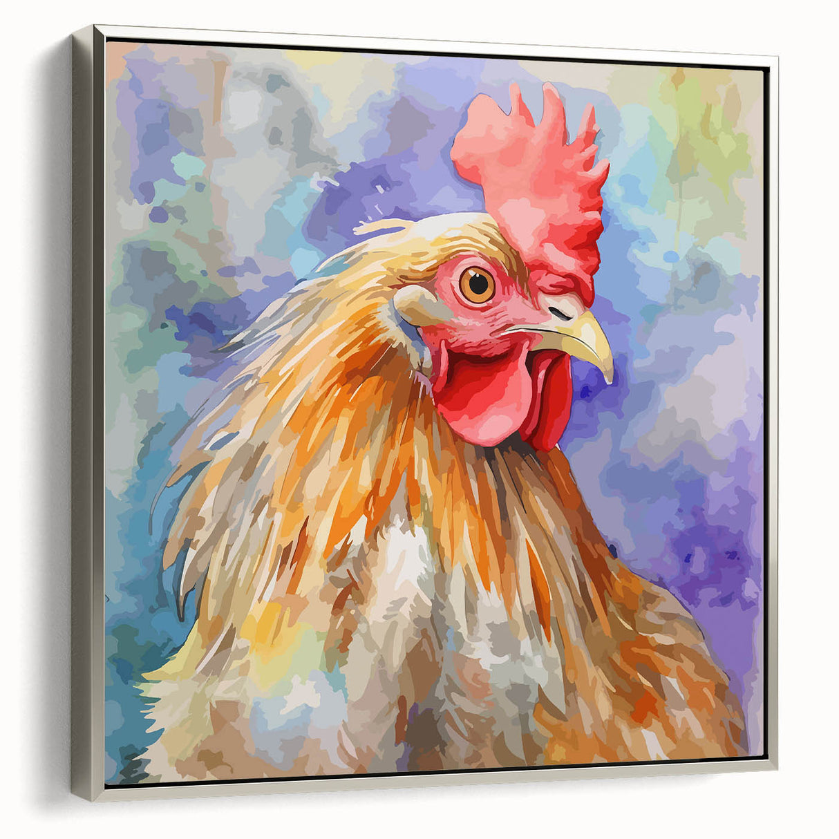 Framed wall art featuring a whimsical chicken design on a silver background, showcasing vibrant colors and textures, perfect for adding a playful touch to home decor.