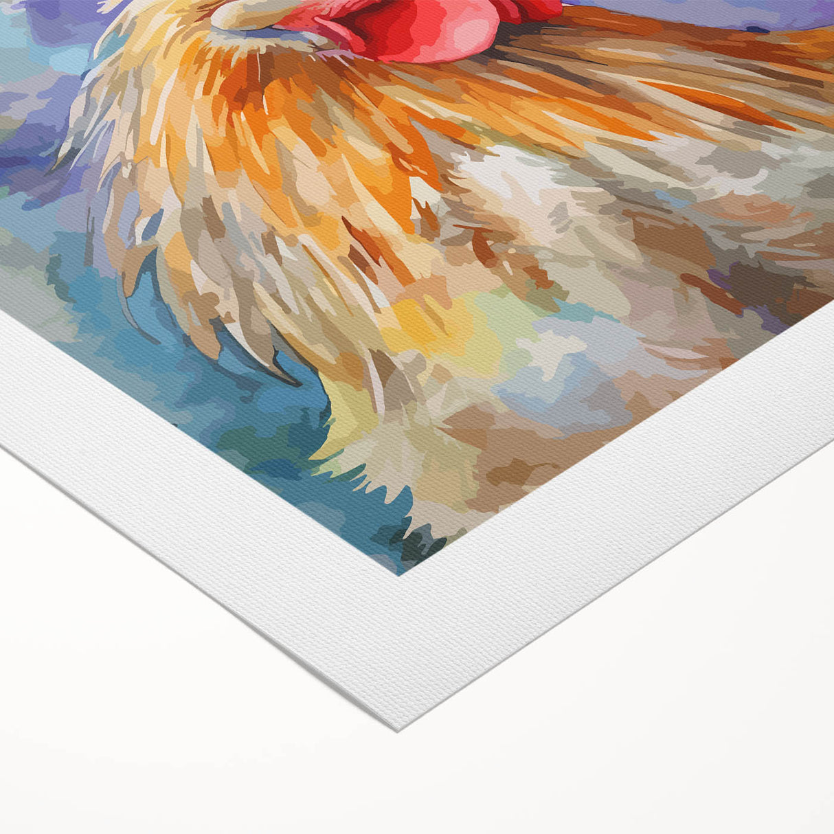 Rolled canvas showcasing a vibrant chicken-themed wall art design, featuring colorful birds and intricate patterns, perfect for adding a playful touch to home decor.