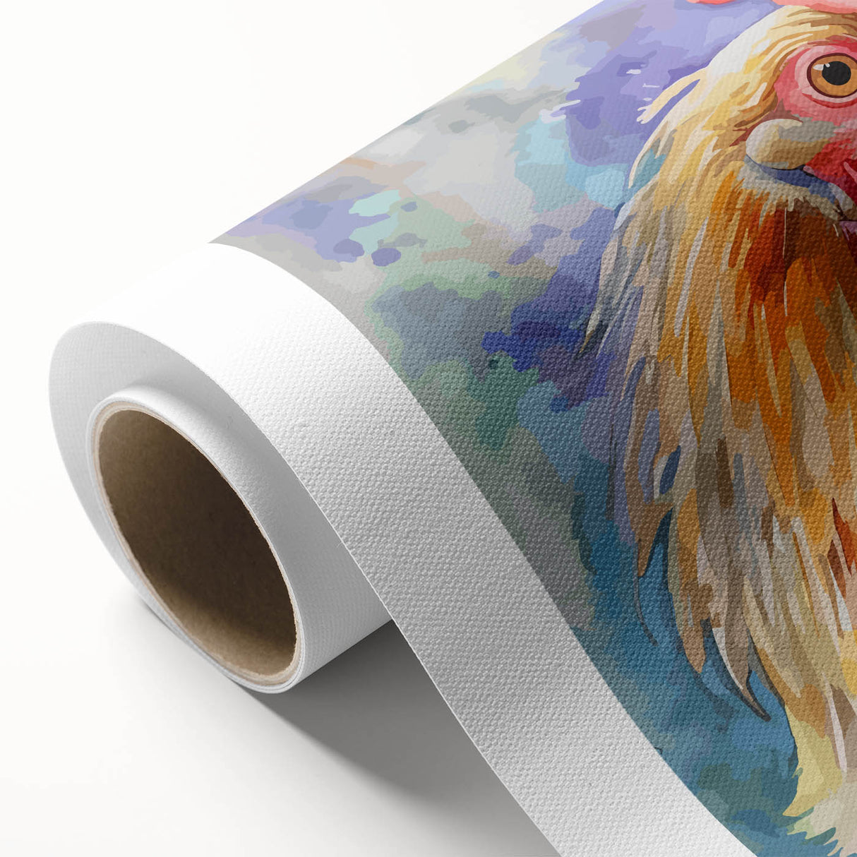 Colorful rolled canvas wall art featuring a whimsical chicken design, showcasing vibrant colors and playful details, perfect for home decor or a kitchen.