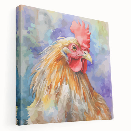 Stretched canvas wall art featuring a vibrant chicken design, perfect for country-themed decor, showcasing bright colors and intricate details. Ideal for kitchens or dining areas.
