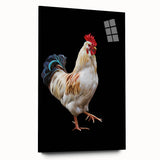Acrylic glass wall art showcasing a vibrant chicken design from the Birds Collection, featuring a side view that highlights intricate details and vivid colors, perfect for home decor.