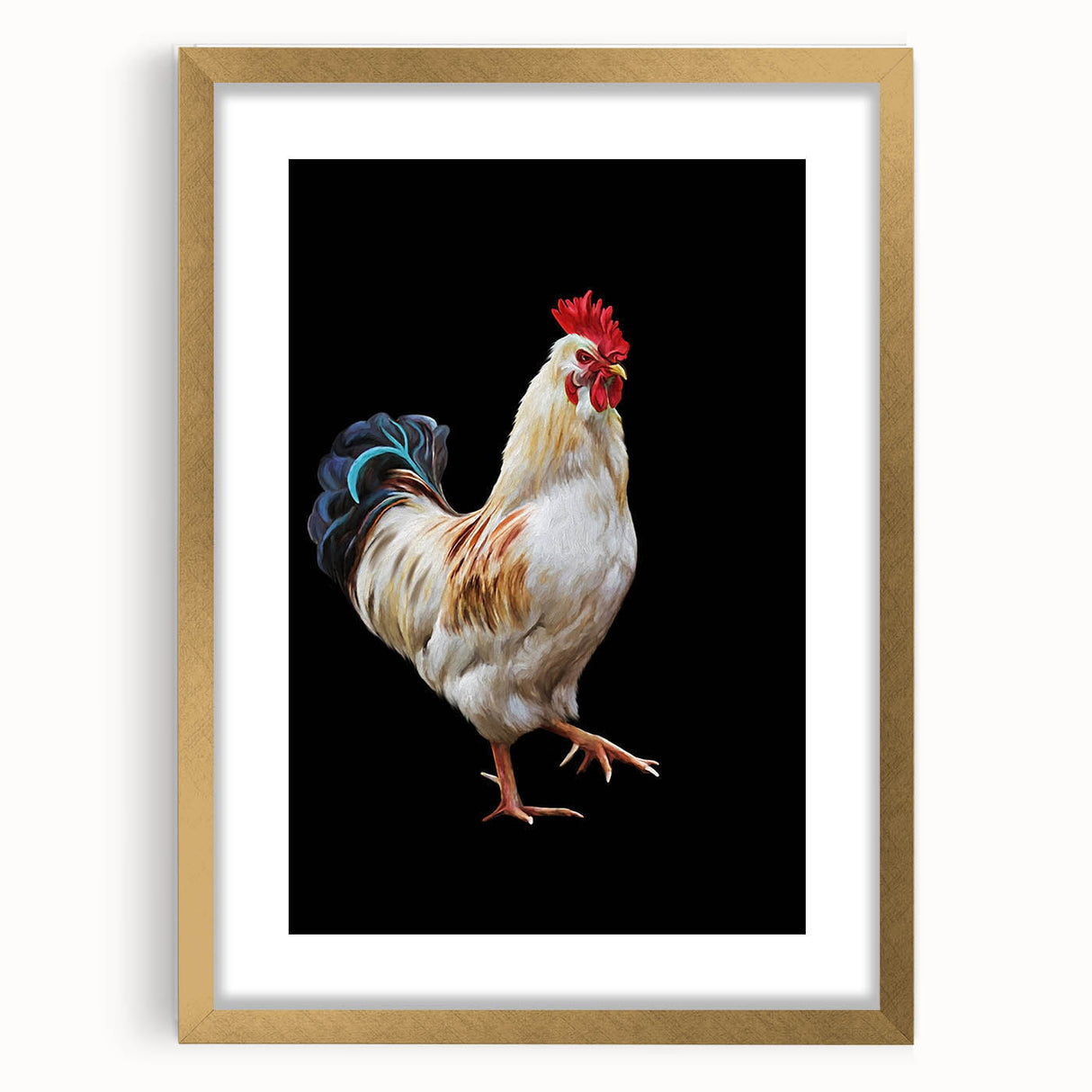 Framed wall art collection showcasing a vibrant chicken design with intricate details, featuring a gold frame and mat, perfect for home decor. This piece adds a playful touch to any space with its colorful illustration and elegant presentation.