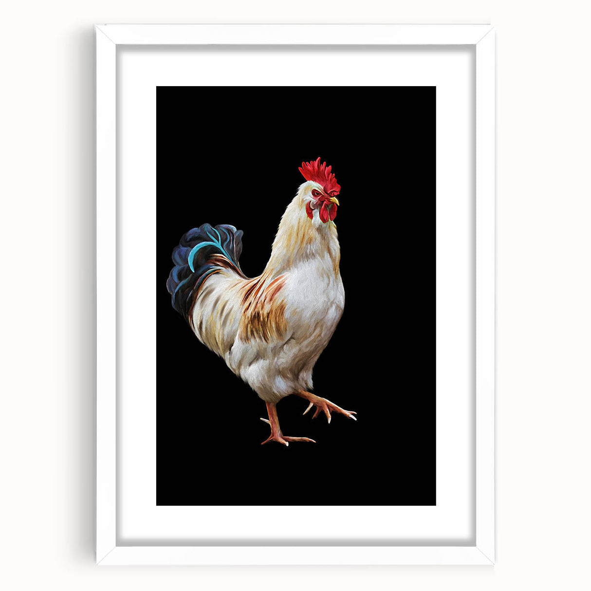 Framed wall art featuring a whimsical chicken design in vibrant colors, set against a white mat background. Perfect for adding a playful touch to home decor.