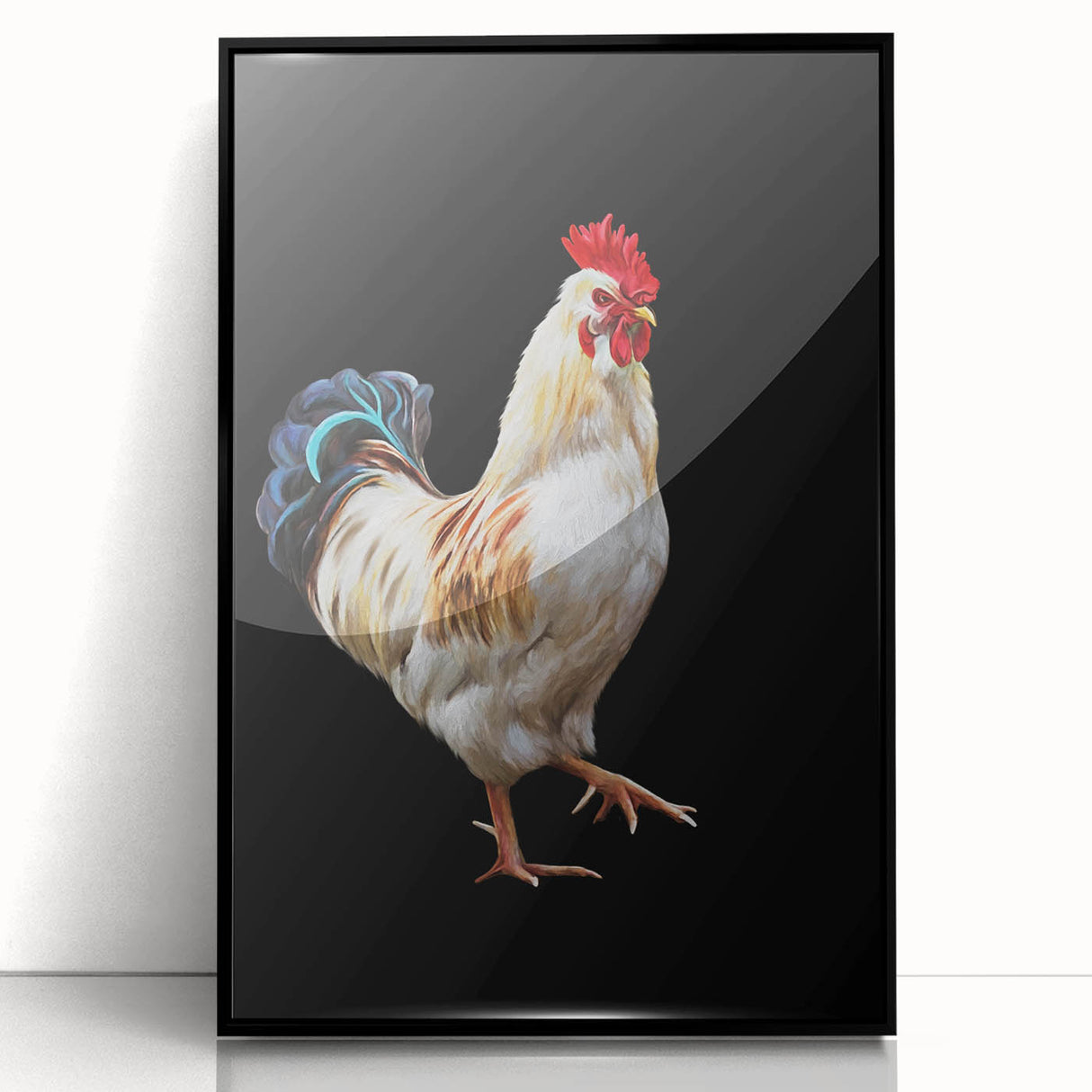 Framed wall art featuring a colorful chicken design in acrylic, showcasing a black frame that enhances its vibrant hues, perfect for animal lovers' decor.