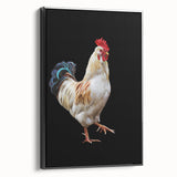 Framed wall art featuring a vibrant chicken design on textured canvas, displayed against a black background, ideal for home decor or kitchen aesthetics.