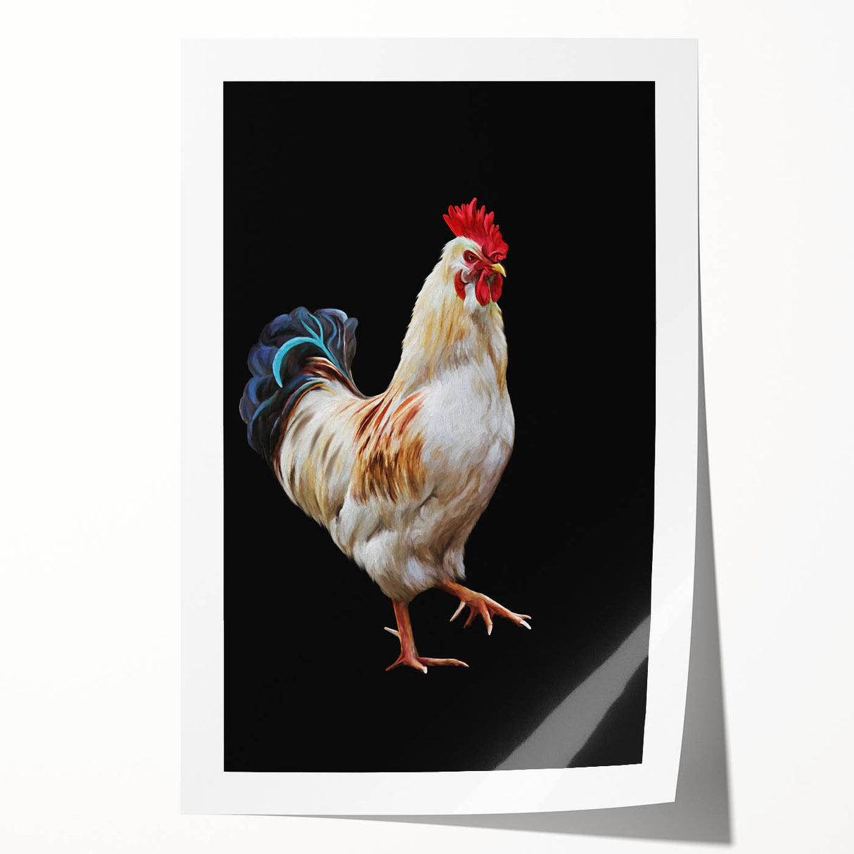 Vibrant rolled wall art print featuring a whimsical chicken design with rich colors, perfect for adding a playful touch to home decor or children's rooms.