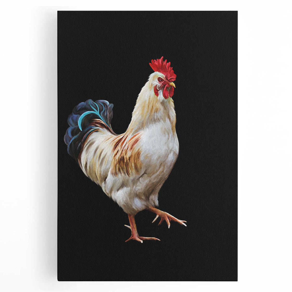 Colorful stretched canvas wall art featuring a whimsical chicken design, ideal for adding a playful touch to home decor. Perfect for animal lovers and art enthusiasts.
