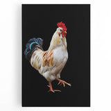 Colorful stretched canvas wall art featuring a whimsical chicken design, ideal for adding a playful touch to home decor. Perfect for animal lovers and art enthusiasts.