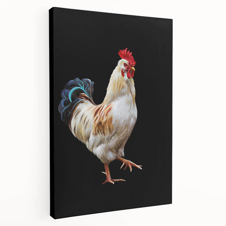 Stretched canvas wall art showcasing a vibrant chicken design with intricate details and bright colors, perfect for adding a whimsical touch to home decor.