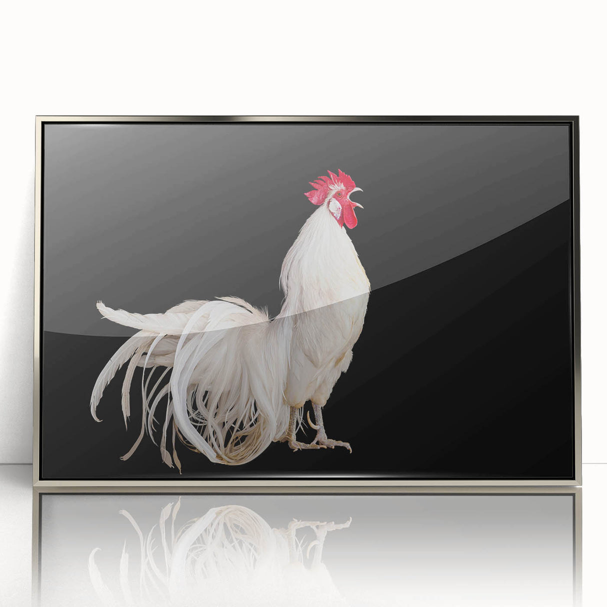 Framed wall art featuring a stylish chicken design in vibrant colors, set in an elegant silver frame, perfect for adding a modern touch to home decor.