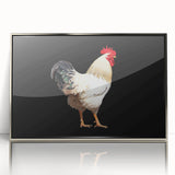 Framed wall art featuring a decorative chicken design, set in a sleek silver frame with an acrylic front for a modern touch, ideal for home decor.