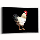 Framed canvas wall art depicting a colorful chicken design in a black frame, showcasing vibrant hues and intricate details, perfect for home decor.