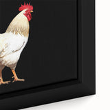 Close-up of a framed canvas wall art featuring vibrant chicken design with intricate details and rich colors, perfect for adding a unique touch to home decor.